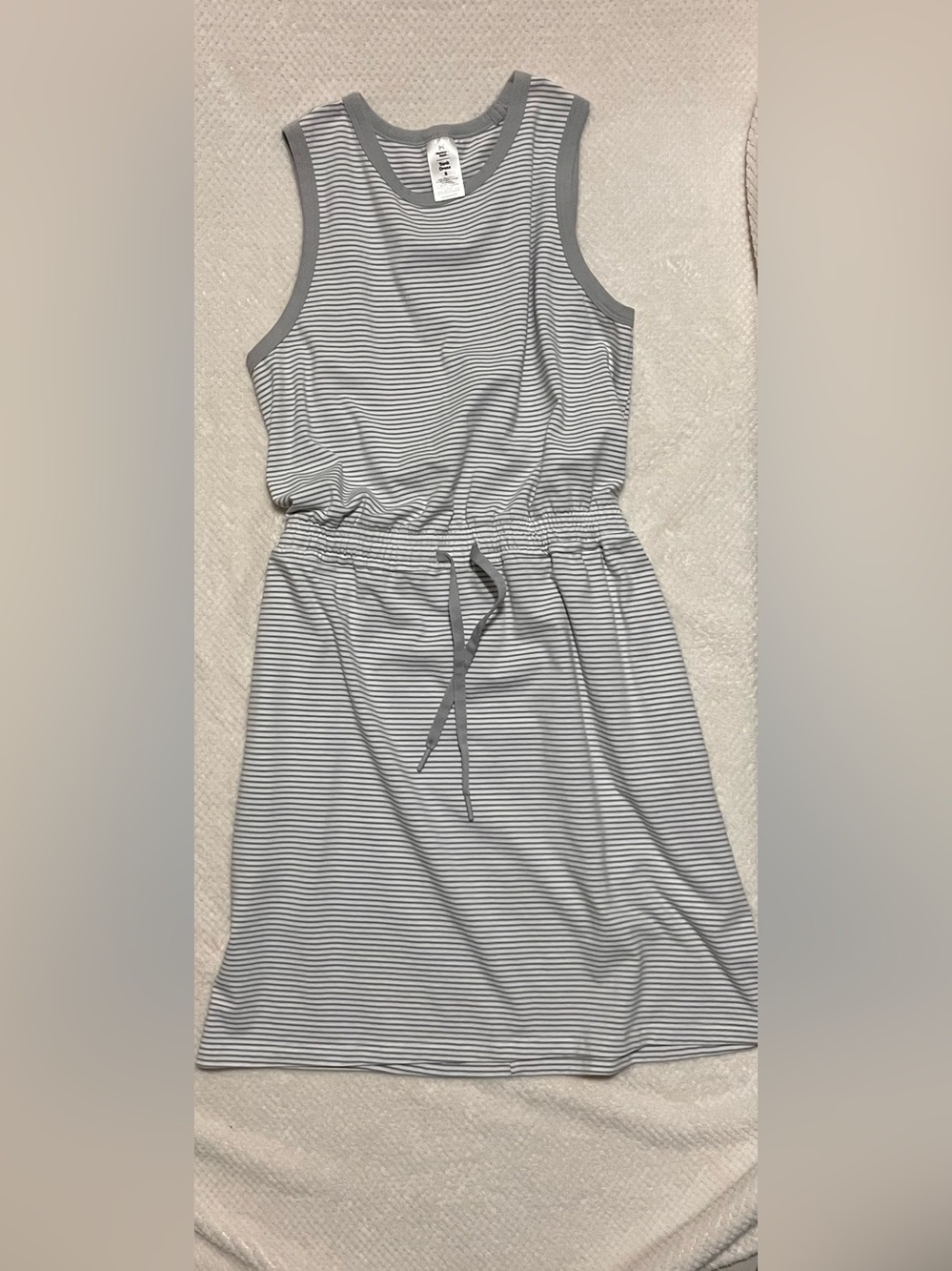 Sleeveless Striped Drawstring Waist Summer Dress - Gray & White